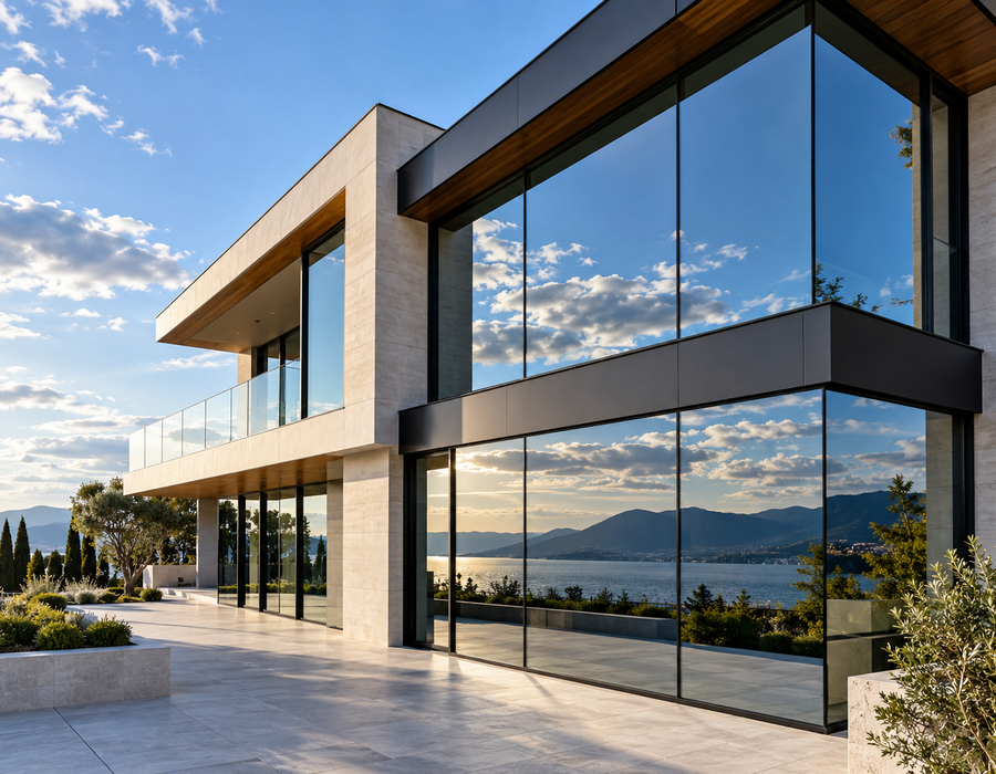 Bâtiment moderne avec films architecturaux réfléchissants sur les vitrages